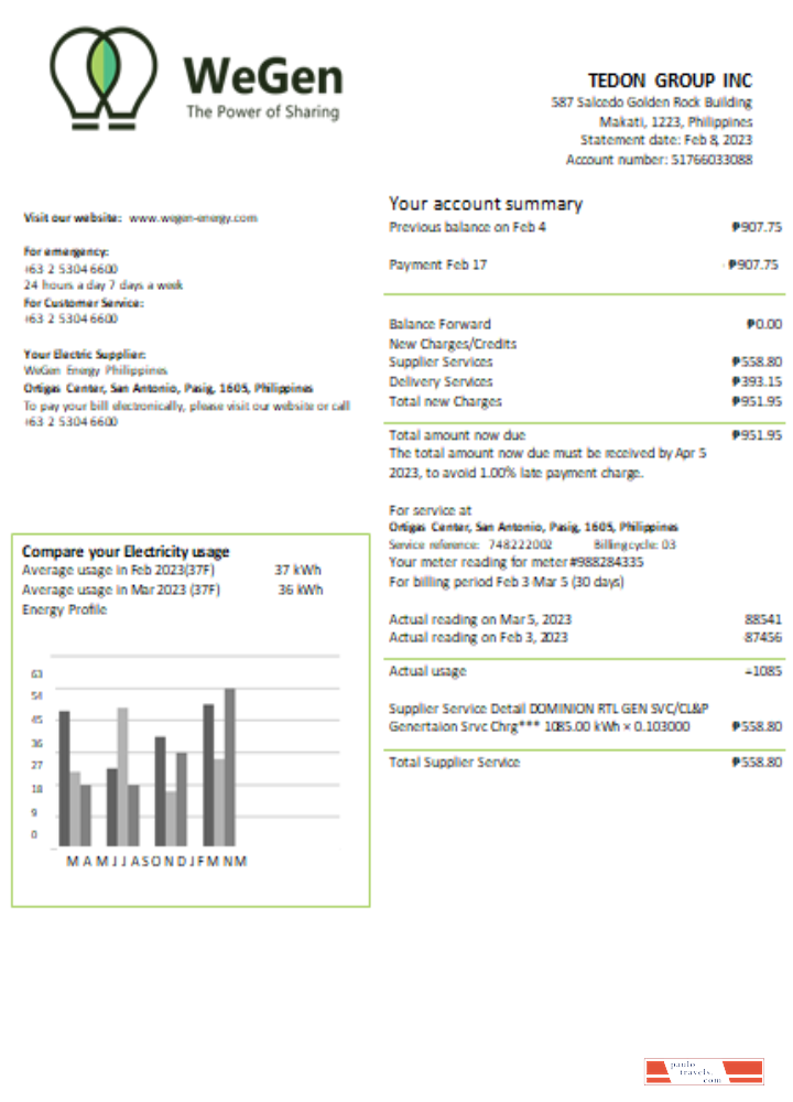 WeGen Energy Philippines utility business bill,  SCR PSD template